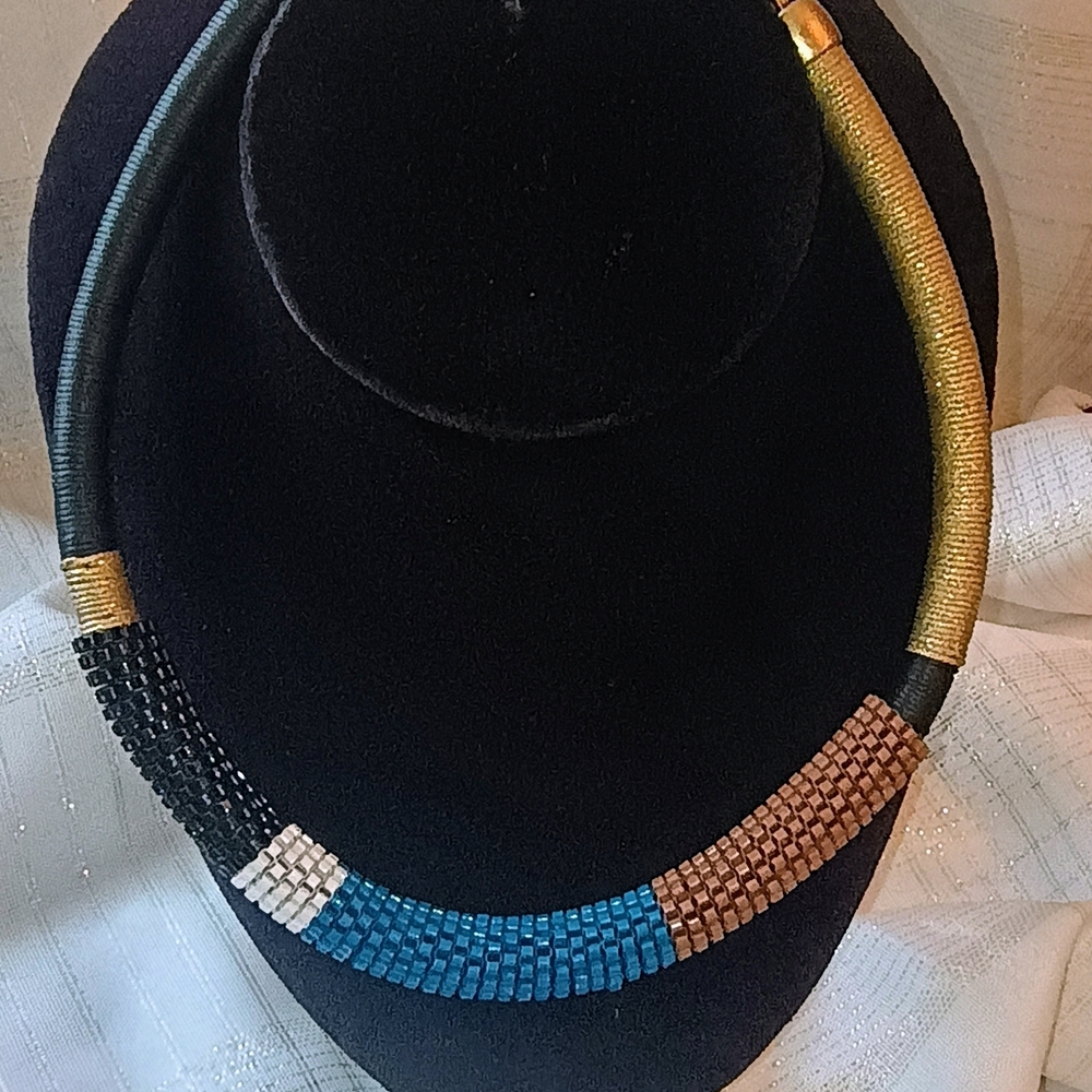 CHRISTINA BRAMPTI Black, Blue and Gold Beaded Statement Necklace